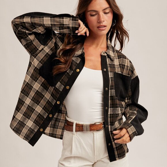 Hem & Thread Tops - Cowgirl Plaid Corduroy Shirt Jacket – Neutral Western Fall Layer